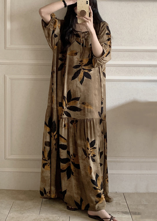 Brown Prin Lace Up Cotton Summer Pajamas Maxi Dress O Neck