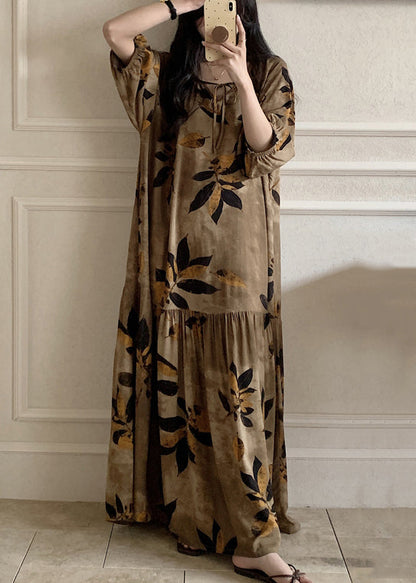 Brown Prin Lace Up Cotton Summer Pajamas Maxi Dress O Neck