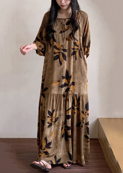 Brown Prin Lace Up Cotton Summer Pajamas Maxi Dress O Neck