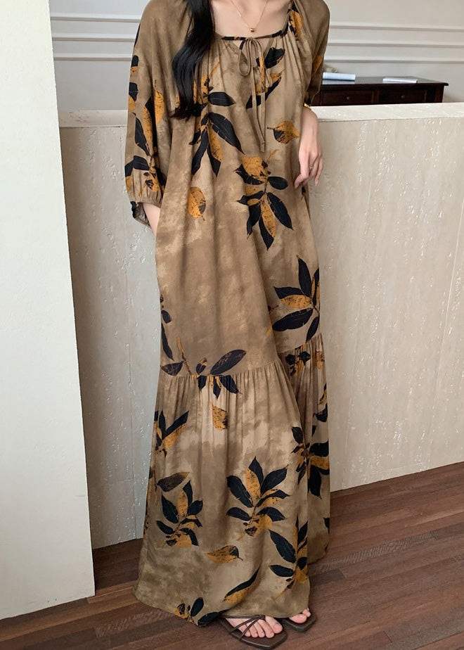 Brown Prin Lace Up Cotton Summer Pajamas Maxi Dress O Neck