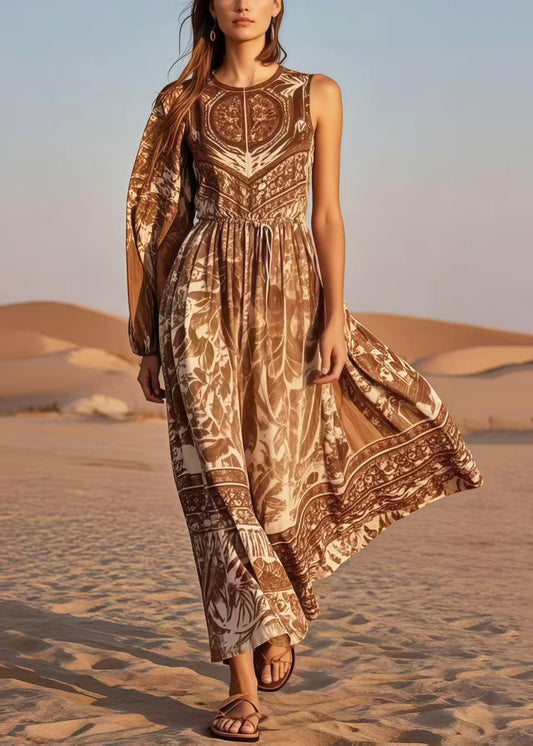 Brown Print Cotton Cinched Dress Asymmetrical Sleeveless
