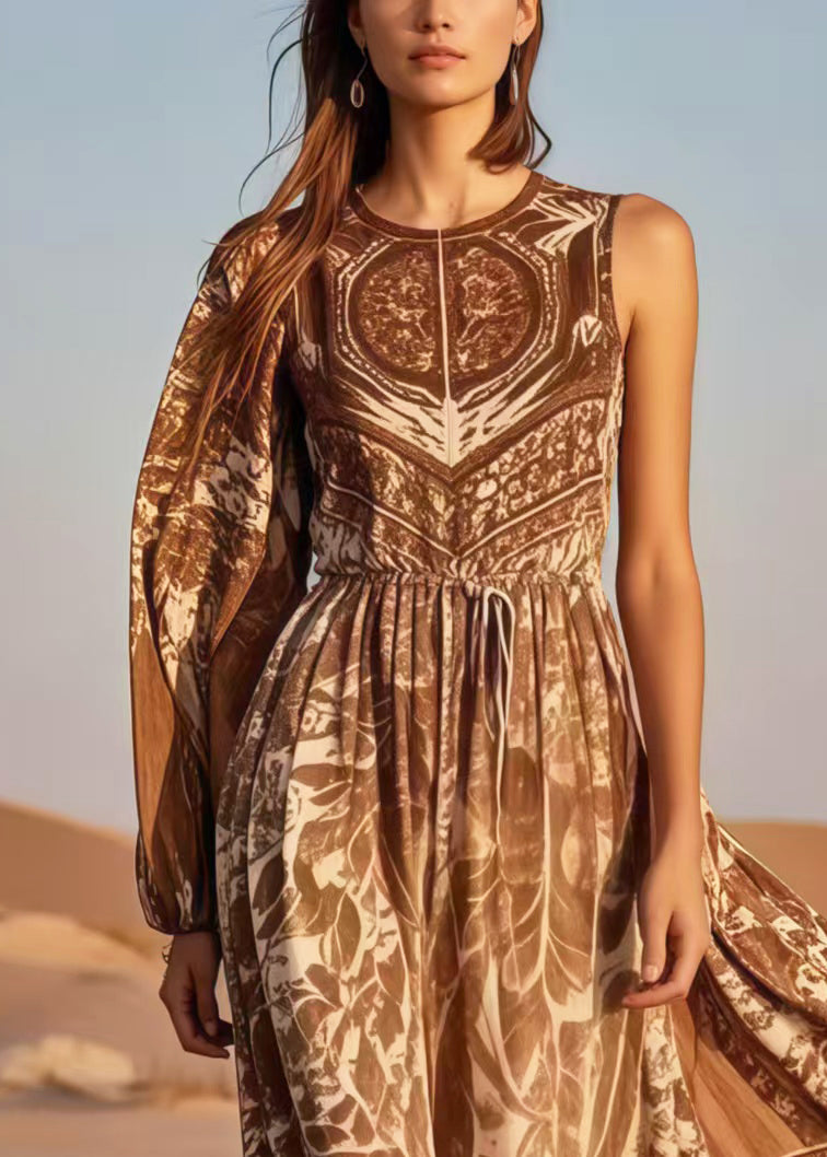 Brown Print Cotton Cinched Dress Asymmetrical Sleeveless