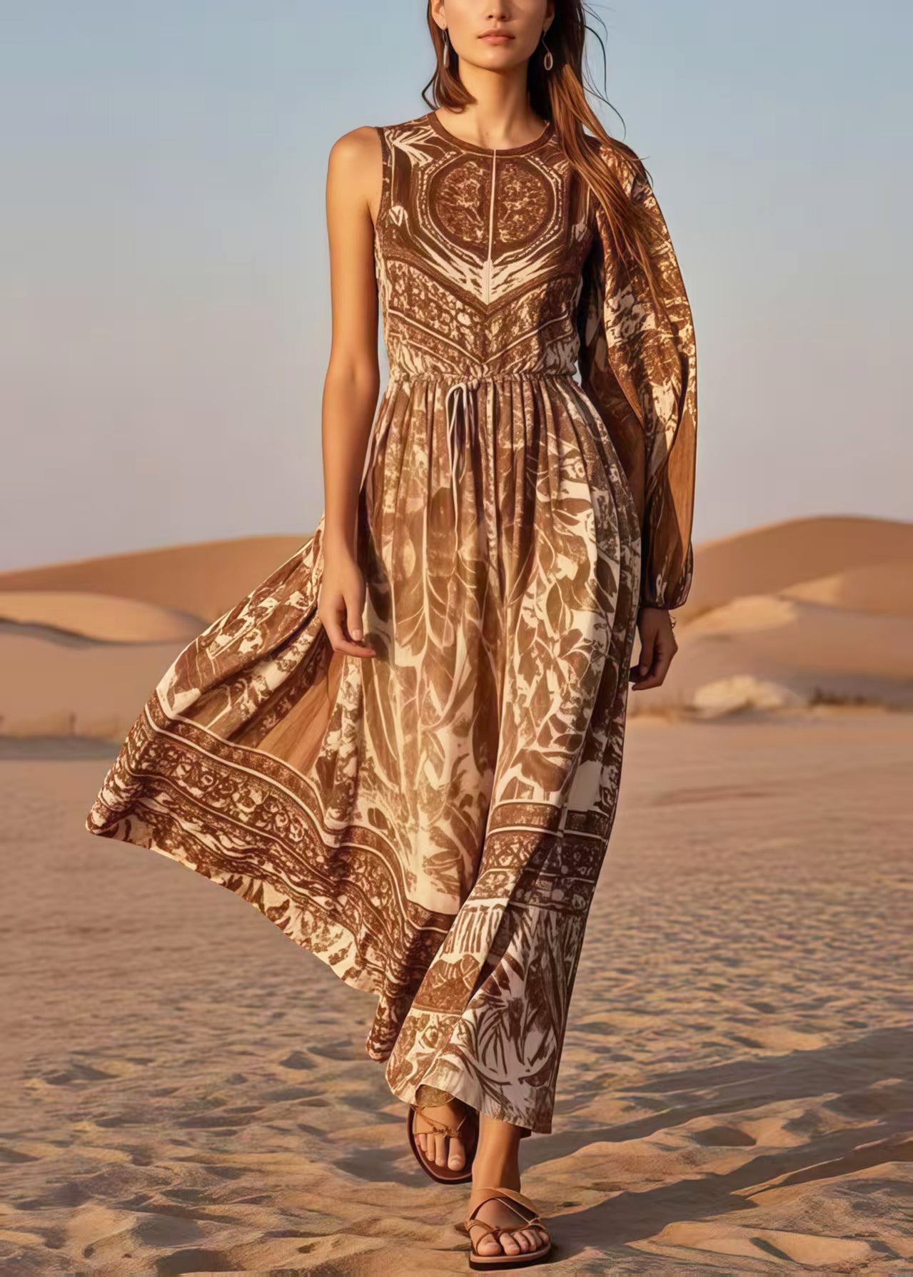 Brown Print Cotton Cinched Dress Asymmetrical Sleeveless