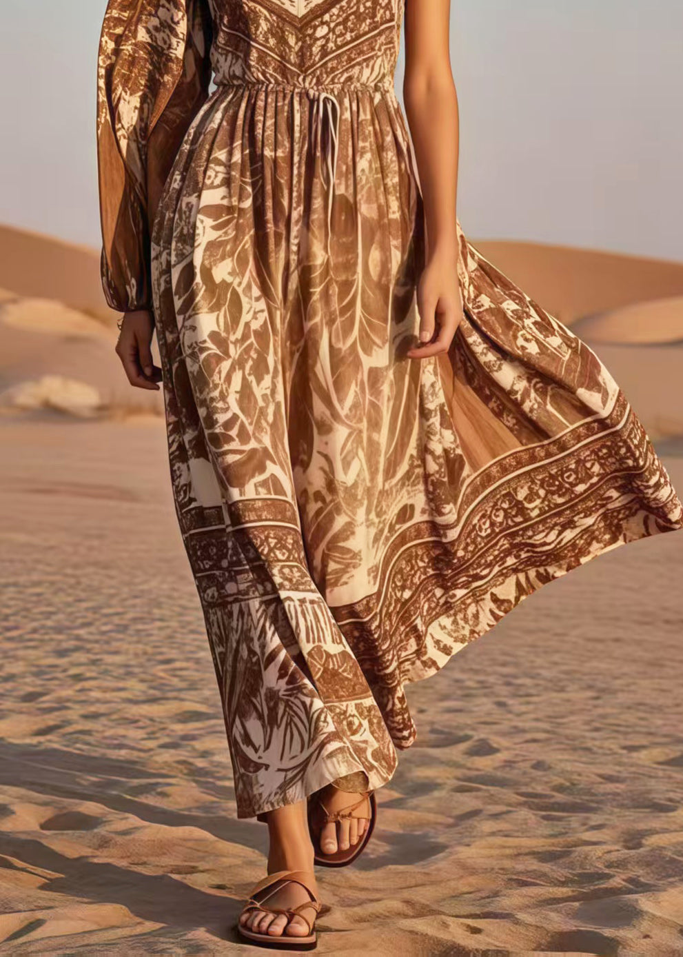 Brown Print Cotton Cinched Dress Asymmetrical Sleeveless