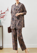 Load image into Gallery viewer, Brown Print Linen Oriental Two Pieces Set Mandarin Collar Spring