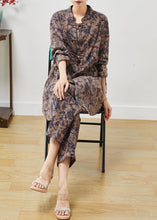 Load image into Gallery viewer, Brown Print Linen Oriental Two Pieces Set Mandarin Collar Spring