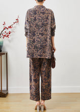 Load image into Gallery viewer, Brown Print Linen Oriental Two Pieces Set Mandarin Collar Spring
