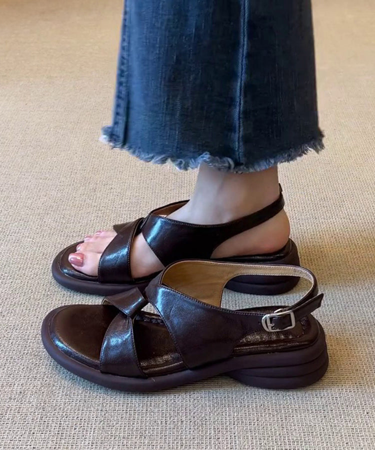 Brown Sandals Splicing Platform Sandals Peep Toe Cross Strap
