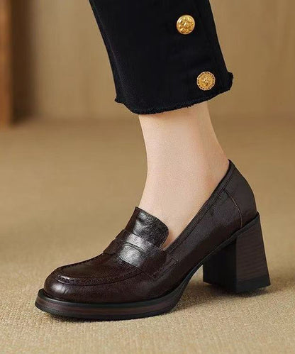 Brown Sheepskin Women Splicing Chunky Loafer Shoes
