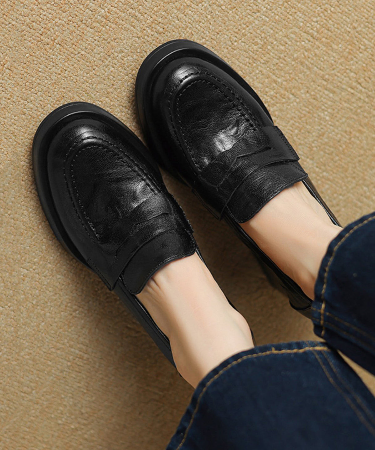 Brown Sheepskin Women Splicing Chunky Loafer Shoes