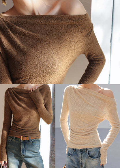 Brown Silm Fit Knit Blouses One Shoulder Spring