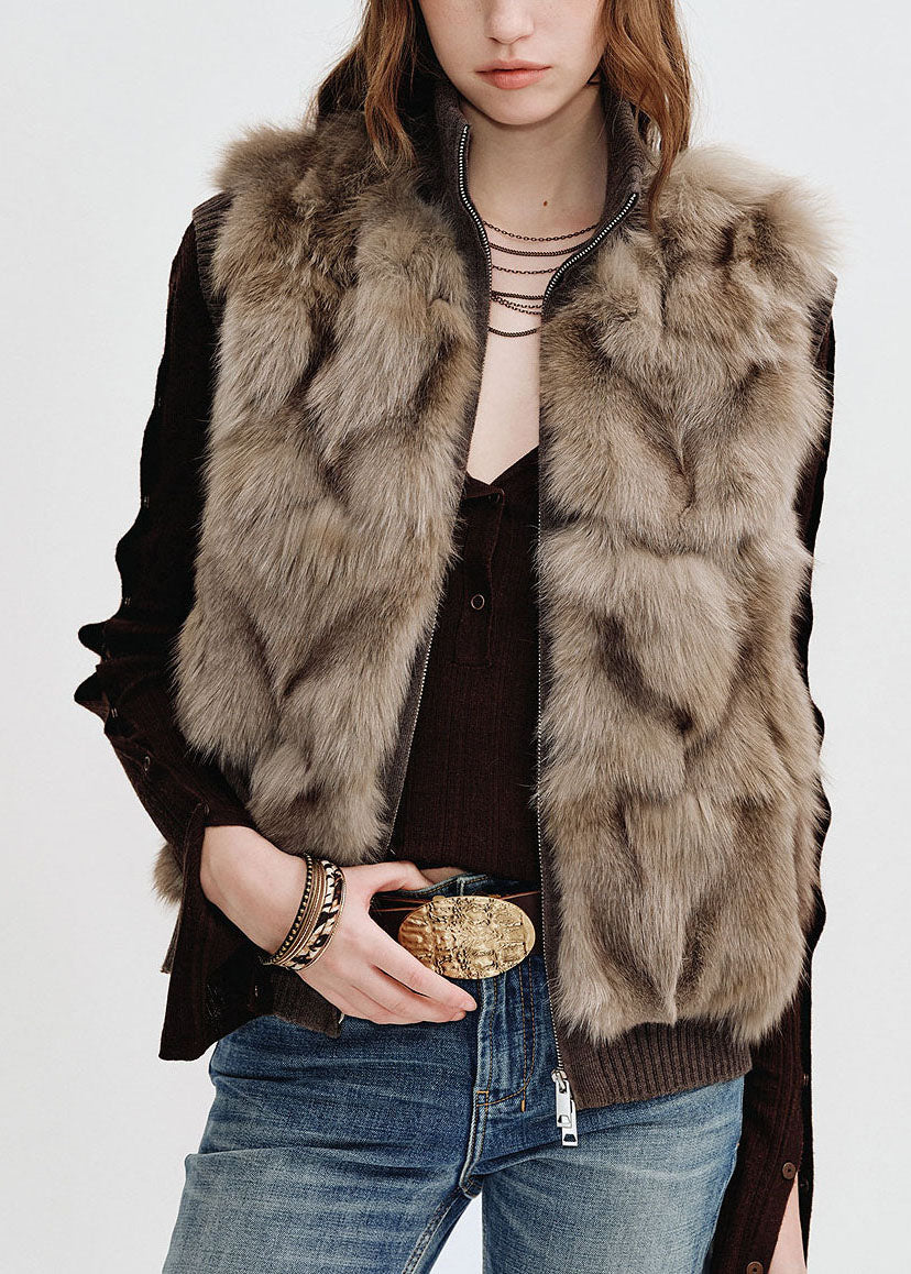 Brown Stand Collar Pockets Mink Hair Mink Hair Winter
