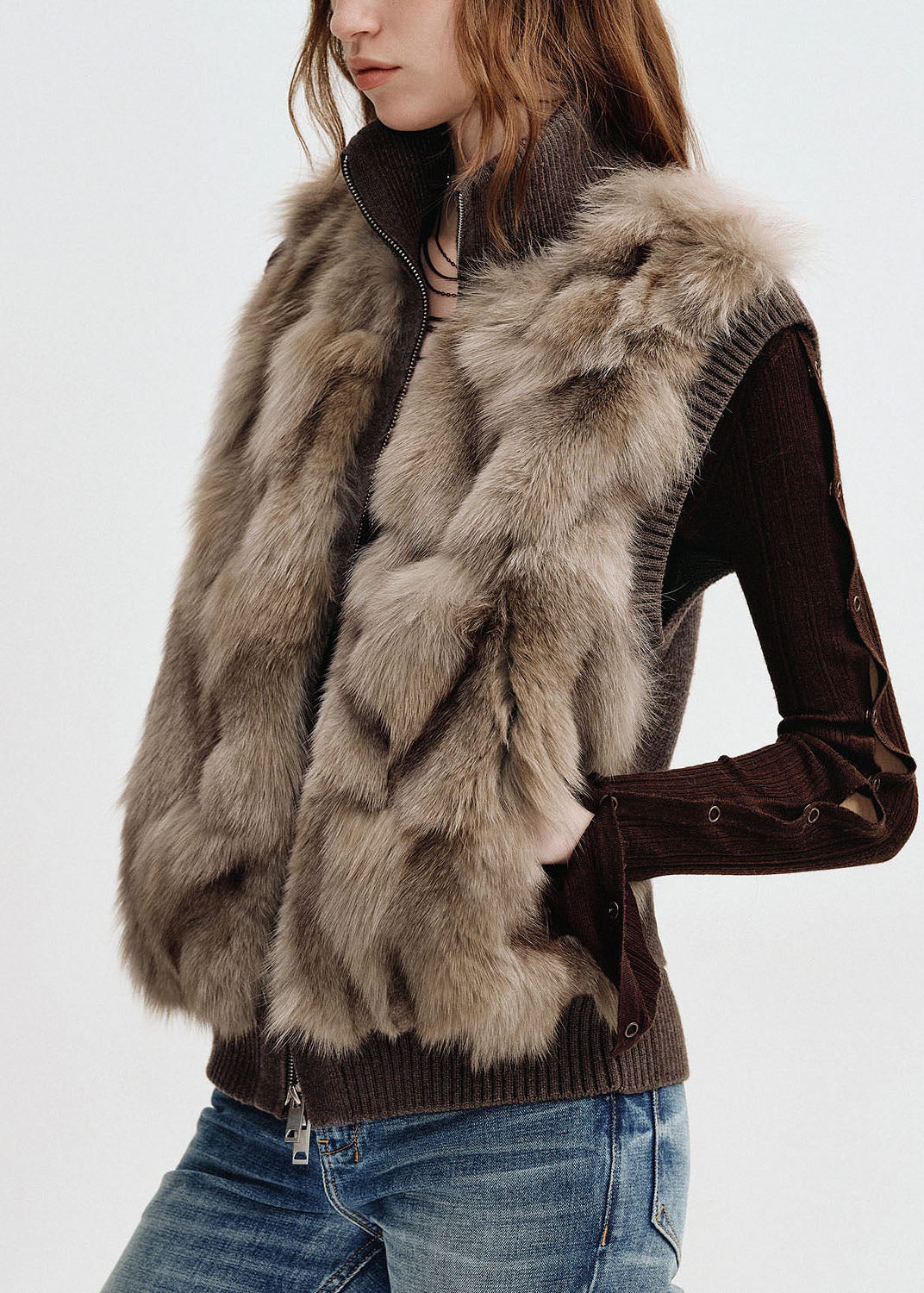 Brown Stand Collar Pockets Mink Hair Mink Hair Winter