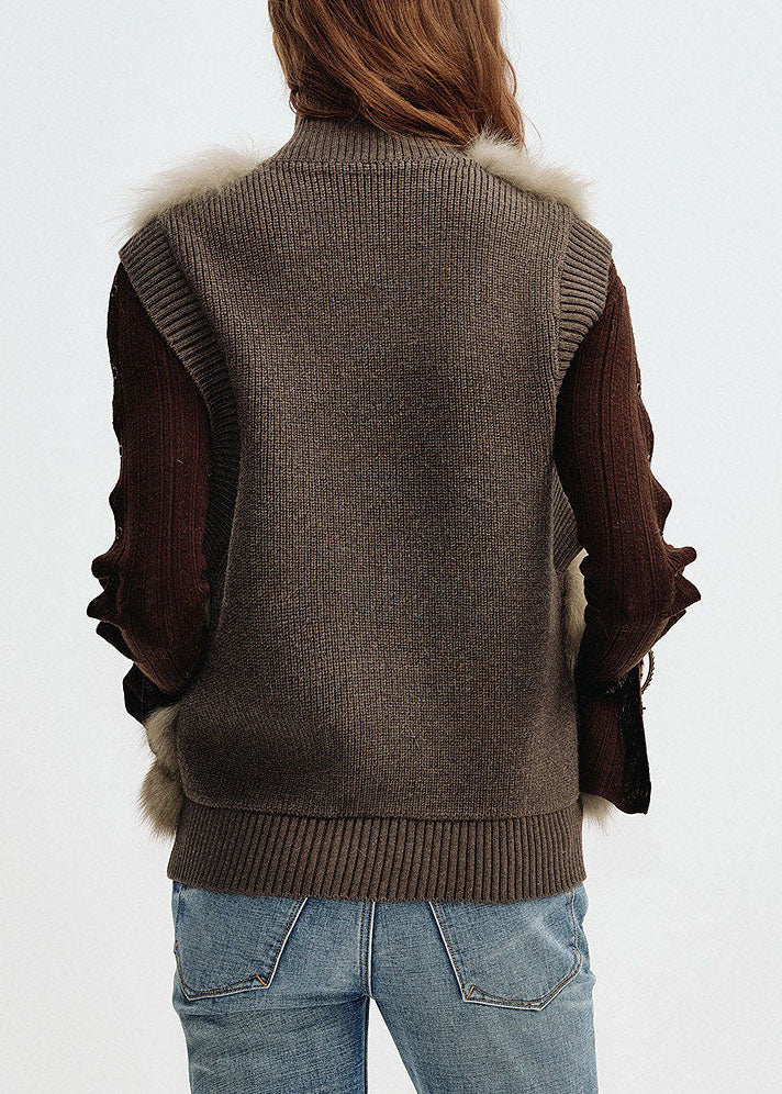 Brown Stand Collar Pockets Mink Hair Mink Hair Winter