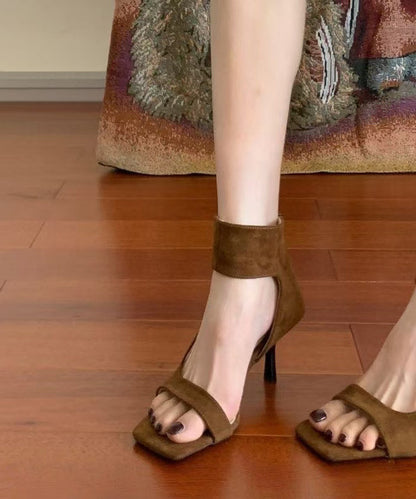 Brown Stiletto Cowhide Leather Comfy Ankle Sandals