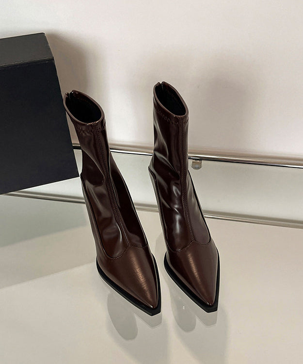 Brown Stiletto Faux Leather Fine Splicing Boots Pointed Toe