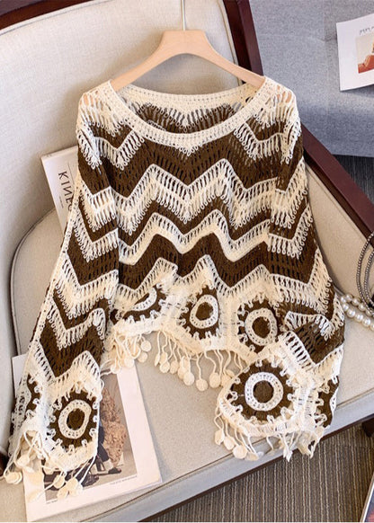 Brown Striped Knit Sweaters Tasseled Hollow Out Fall