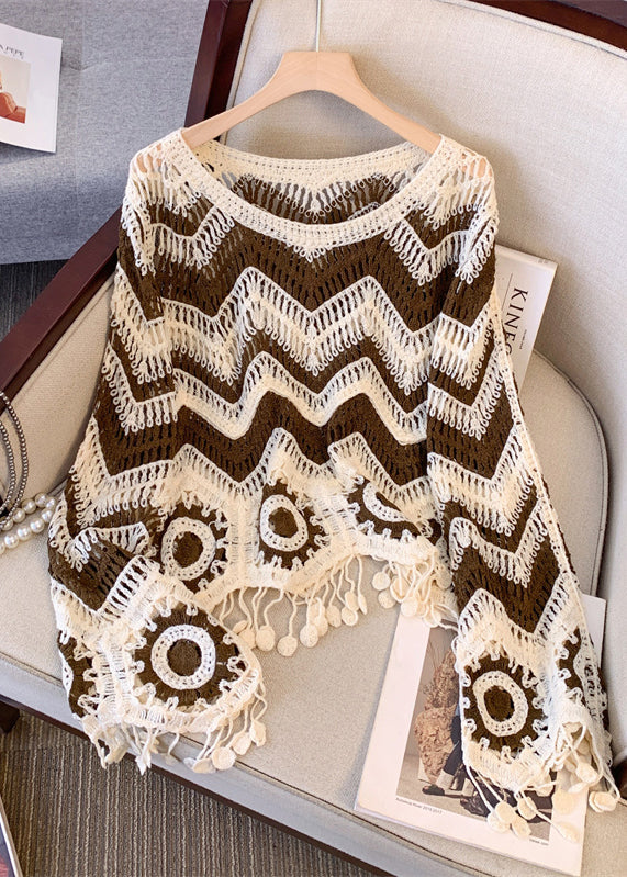 Brown Striped Knit Sweaters Tasseled Hollow Out Fall
