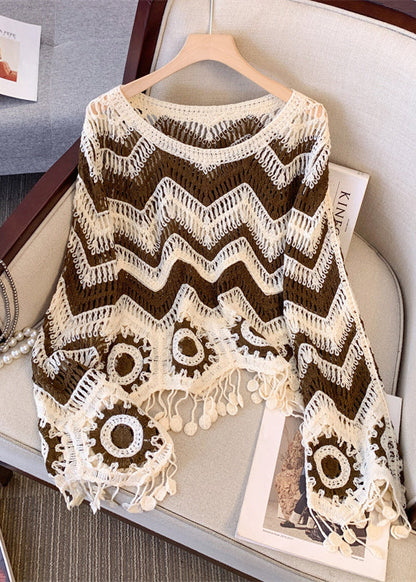 Brown Striped Knit Sweaters Tasseled Hollow Out Fall