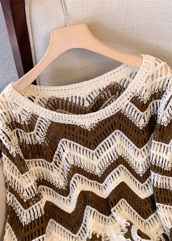 Brown Striped Knit Sweaters Tasseled Hollow Out Fall