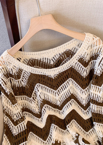 Brown Striped Knit Sweaters Tasseled Hollow Out Fall
