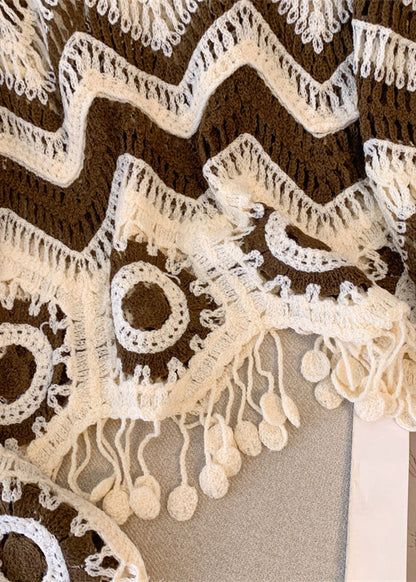 Brown Striped Knit Sweaters Tasseled Hollow Out Fall