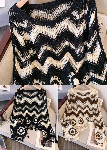 Brown Striped Knit Sweaters Tasseled Hollow Out Fall