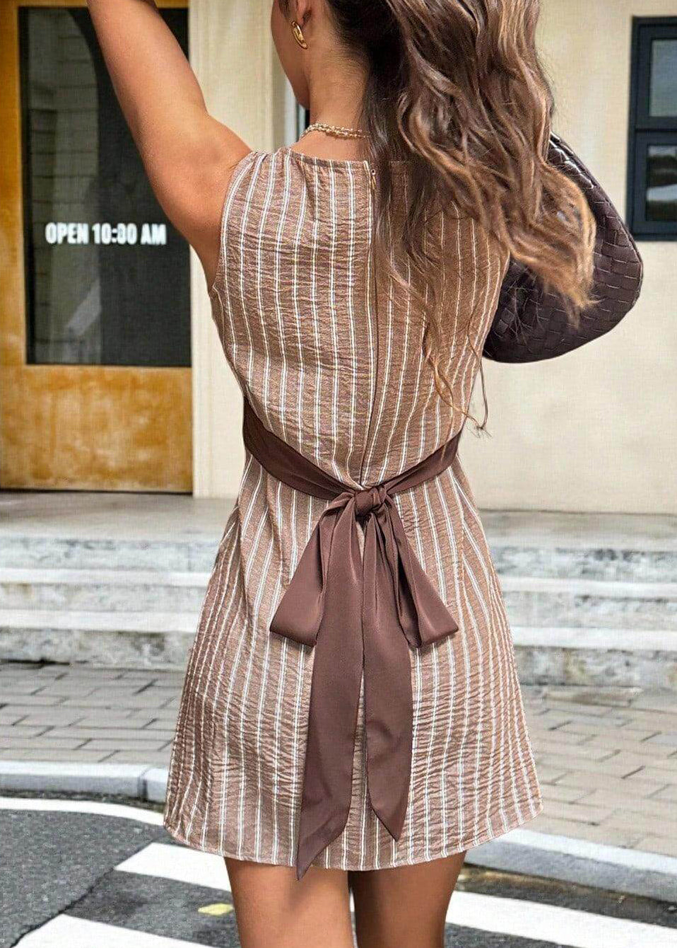 Brown Striped Linen Day Dress O-Neck Sleeveless