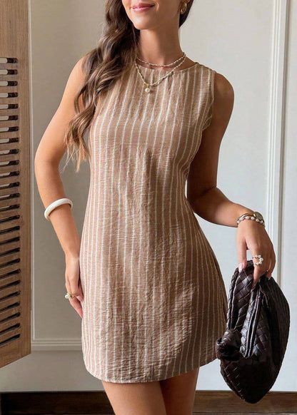Brown Striped Linen Day Dress O-Neck Sleeveless
