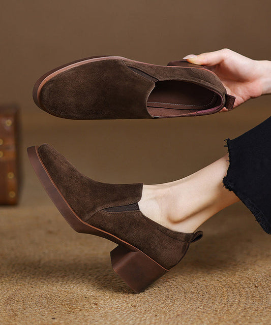 Brown Suede Women Splicing Chunky High Heels
