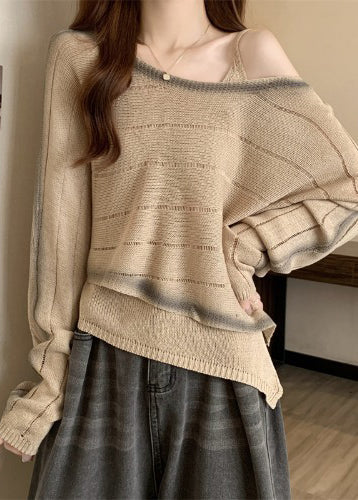 Brown Tie Dye Knit Pullover Asymmetrical One Shoulder Fall