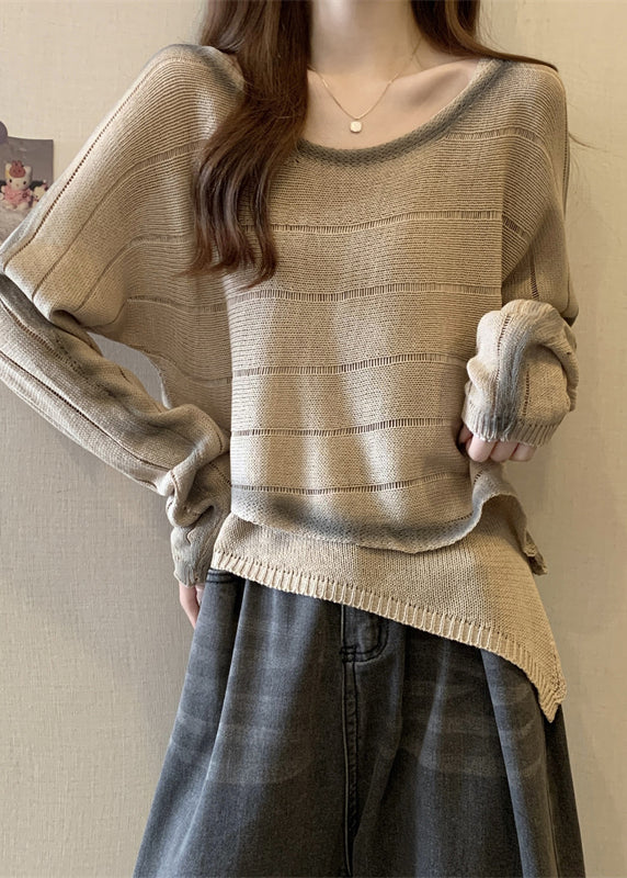 Brown Tie Dye Knit Pullover Asymmetrical One Shoulder Fall