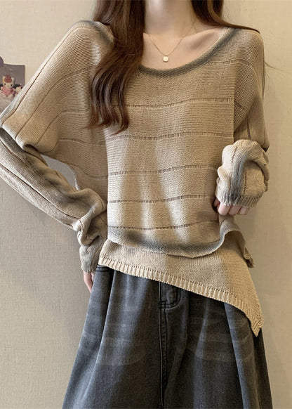 Brown Tie Dye Knit Pullover Asymmetrical One Shoulder Fall