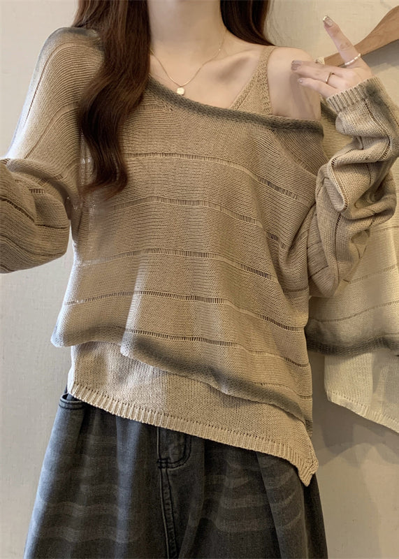 Brown Tie Dye Knit Pullover Asymmetrical One Shoulder Fall