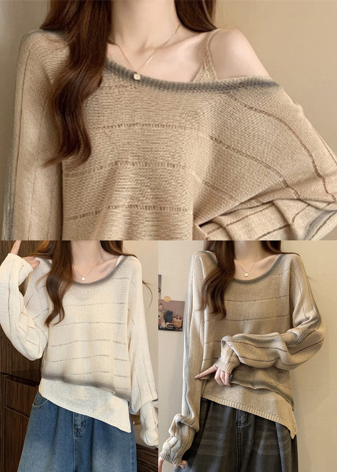 Brown Tie Dye Knit Pullover Asymmetrical One Shoulder Fall
