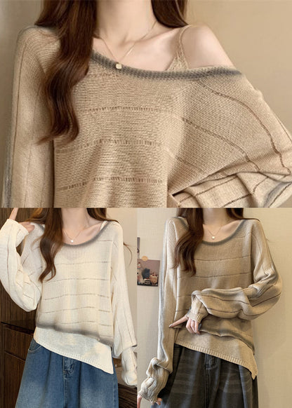 Brown Tie Dye Knit Pullover Asymmetrical One Shoulder Fall