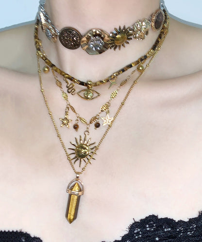 Brown Tiger's Eye Long Column Sun Layering Titanium Steel Four Piece Set Pendant Necklace