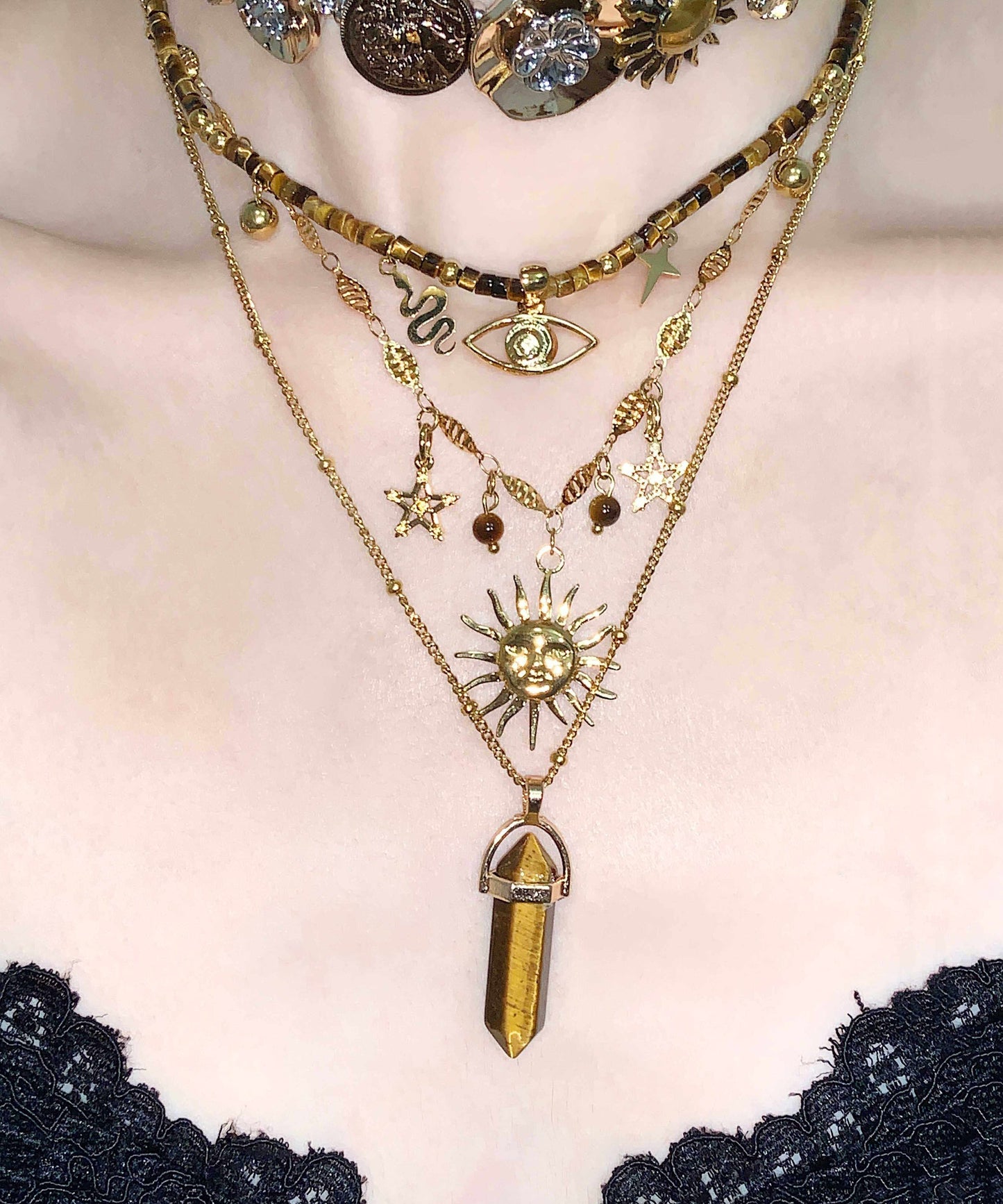 Brown Tiger's Eye Long Column Sun Layering Titanium Steel Four Piece Set Pendant Necklace