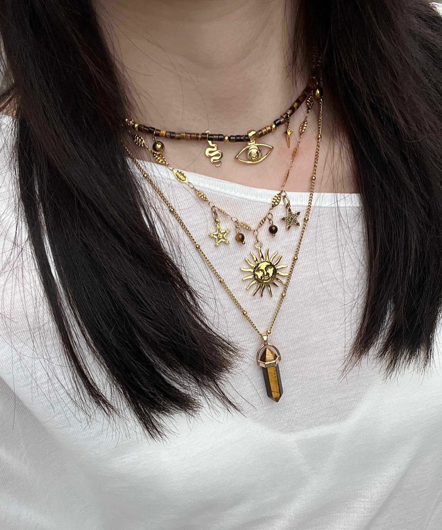 Brown Tiger's Eye Long Column Sun Layering Titanium Steel Four Piece Set Pendant Necklace