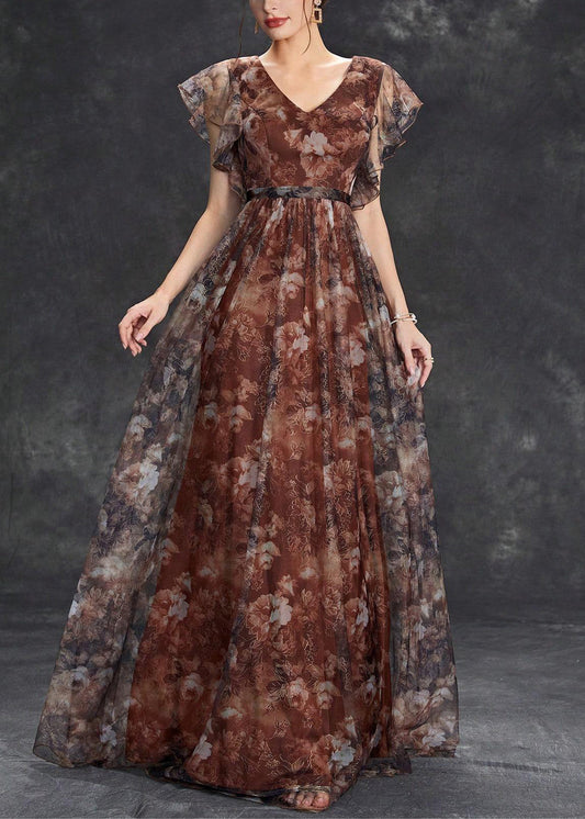 Brown V Neck Print Tulle Long Dress Short Sleeve