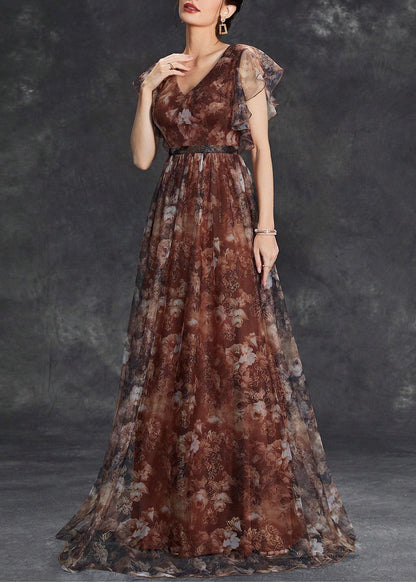 Brown V Neck Print Tulle Long Dress Short Sleeve
