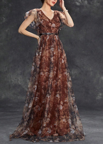 Brown V Neck Print Tulle Long Dress Short Sleeve