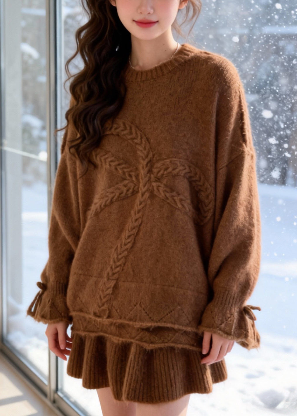 Brown Warm Knit Two Piece Set Women Clothing Oversized Bow Winter