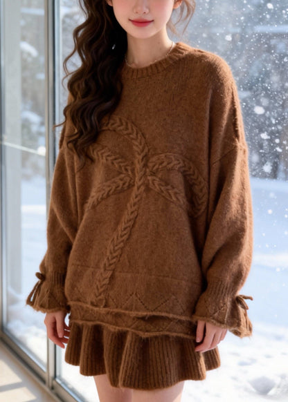 Brown Warm Knit Two Piece Set Women Clothing Oversized Bow Winter