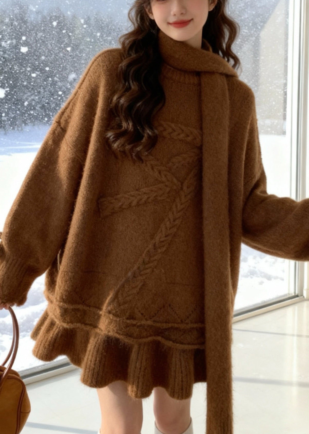 Brown Warm Knit Two Piece Set Women Clothing Oversized Bow Winter