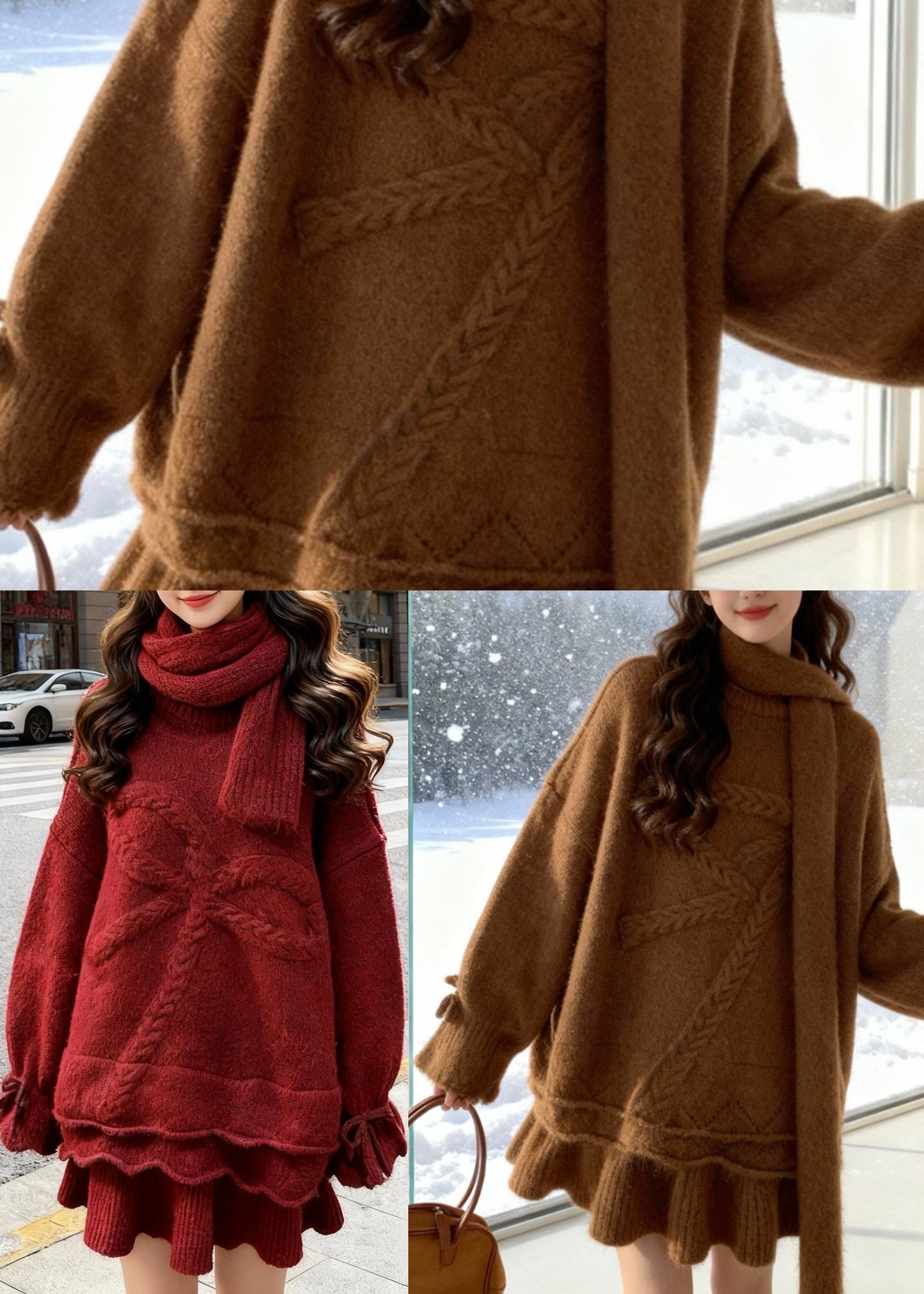 Brown Warm Knit Two Piece Set Women Clothing Oversized Bow Winter