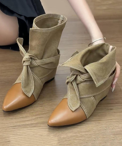 Brown Wedge Cowhide Leather Fine Splicing Boots Pointed Toe