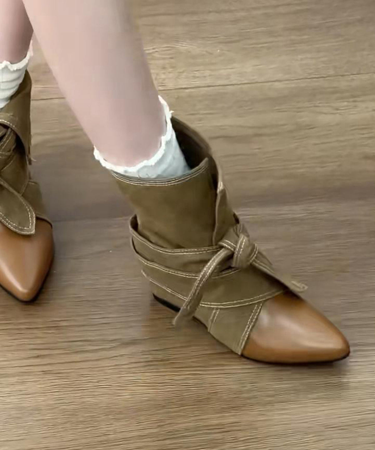 Brown Wedge Cowhide Leather Fine Splicing Boots Pointed Toe