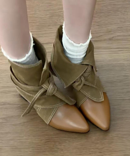 Brown Wedge Cowhide Leather Fine Splicing Boots Pointed Toe