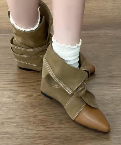 Brown Wedge Cowhide Leather Fine Splicing Boots Pointed Toe